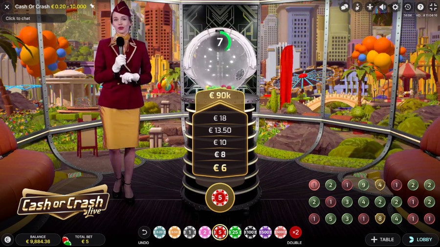 Cash or Crash Live game interface showing a multiplier ladder with values from €6 to €90k, hosted by a presenter in a burgundy uniform against a colorful cityscape background